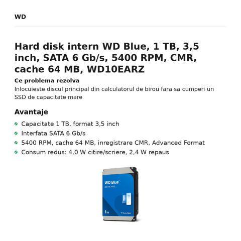 Hard disk intern WD Blue, 1 TB, 3,5 inch, SATA 6 Gb/s, 5400 RPM, CMR, cache 64 MB, WD10EARZ [1]