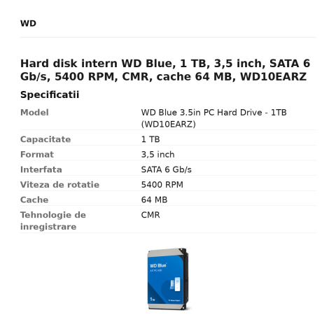 Hard disk intern WD Blue, 1 TB, 3,5 inch, SATA 6 Gb/s, 5400 RPM, CMR, cache 64 MB, WD10EARZ [2]