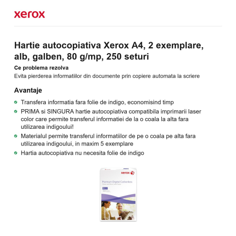 Hartie autocopiativa Xerox A4, 2 exemplare, alb, galben, 80 g/mp, 250 seturi [1]