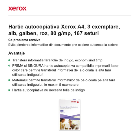 Hartie autocopiativa Xerox A4, 3 exemplare, alb, galben, roz, 80 g/mp, 167 seturi [1]