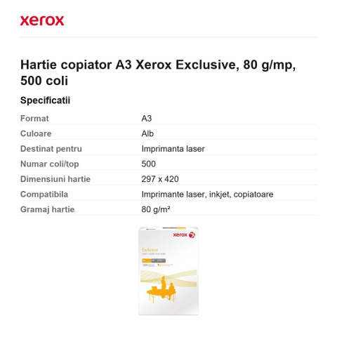 Hartie copiator A3 Xerox Exclusive, 80 g/mp, 500 coli [2]