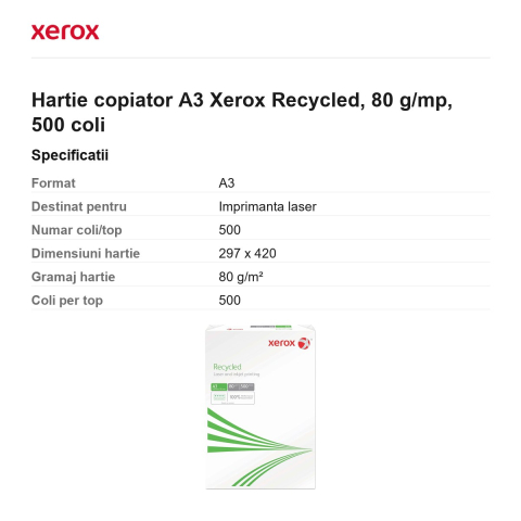 Hartie copiator A3 Xerox Recycled, 80 g/mp, 500 coli [2]