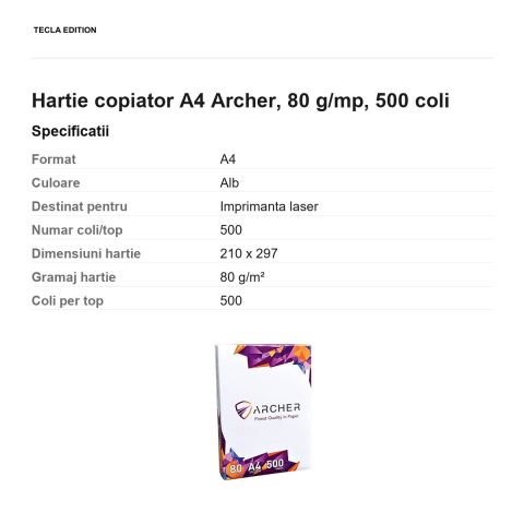 Hartie copiator A4 Archer, 80 g/mp, 500 coli [2]