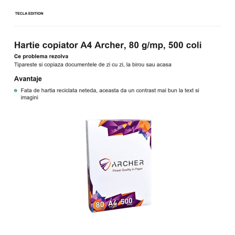 Hartie copiator A4 Archer, 80 g/mp, 500 coli [1]
