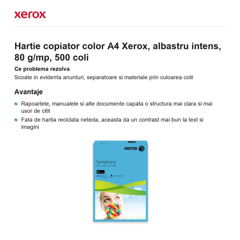 Hartie copiator color A4 Xerox, albastru intens, 80 g/mp, 500 coli [1]