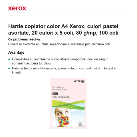 Hartie copiator color A4 Xerox, culori pastel asortate, 20 culori x 5 coli, 80 g/mp, 100 coli [1]