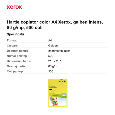 Hartie copiator color A4 Xerox, galben intens, 80 g/mp, 500 coli [2]