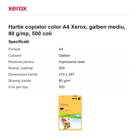Hartie copiator color A4 Xerox, galben mediu, 80 g/mp, 500 coli [2]