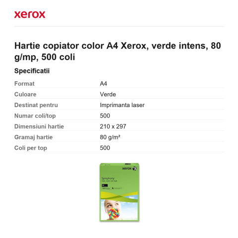 Hartie copiator color A4 Xerox, verde intens, 80 g/mp, 500 coli [2]