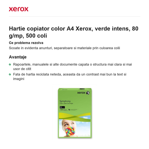 Hartie copiator color A4 Xerox, verde intens, 80 g/mp, 500 coli [1]