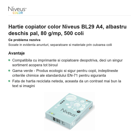 Hartie copiator color Niveus BL29 A4, albastru deschis pal, 80 g/mp, 500 coli [1]