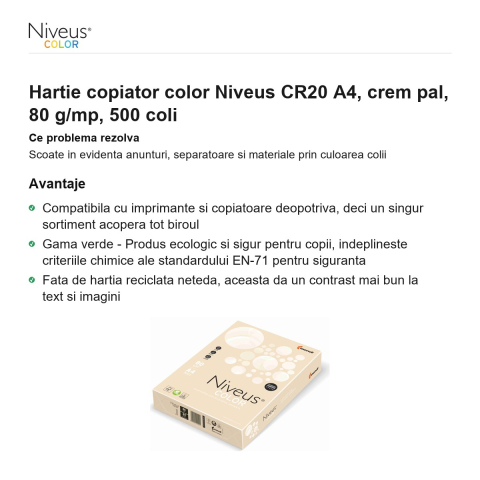 Hartie copiator color Niveus CR20 A4, crem pal, 80 g/mp, 500 coli [1]