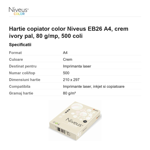 Hartie copiator color Niveus EB26 A4, crem ivory pal, 80 g/mp, 500 coli [2]
