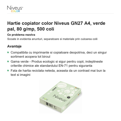Hartie copiator color Niveus GN27 A4, verde pal, 80 g/mp, 500 coli [1]
