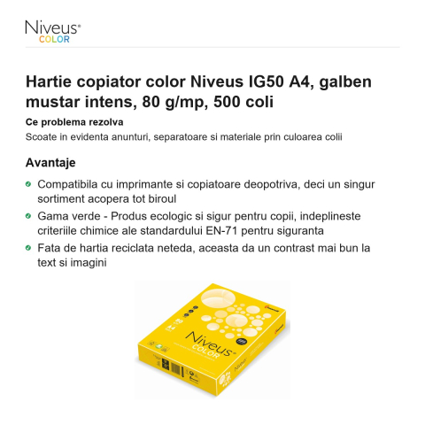 Hartie copiator color Niveus IG50 A4, galben mustar intens, 80 g/mp, 500 coli [1]