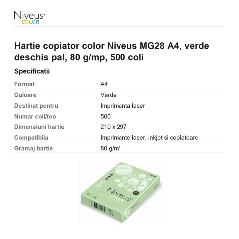 Hartie copiator color Niveus MG28 A4, verde deschis pal, 80 g/mp, 500 coli [2]