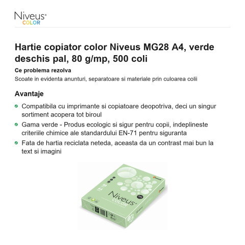 Hartie copiator color Niveus MG28 A4, verde deschis pal, 80 g/mp, 500 coli [1]