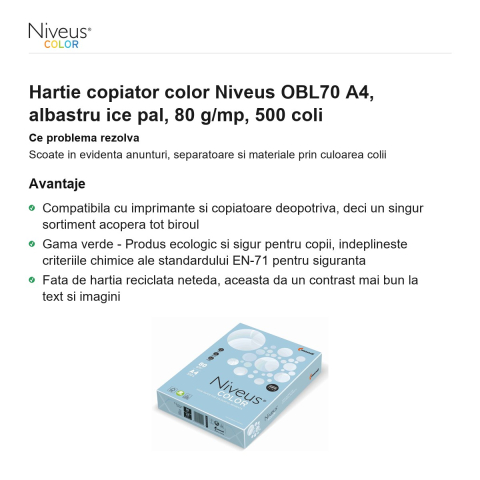 Hartie copiator color Niveus OBL70 A4, albastru ice pal, 80 g/mp, 500 coli [1]