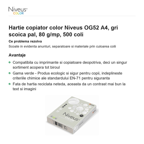 Hartie copiator color Niveus OG52 A4, gri scoica pal, 80 g/mp, 500 coli [1]