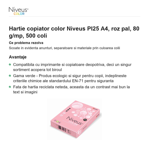 Hartie copiator color Niveus PI25 A4, roz pal, 80 g/mp, 500 coli [1]