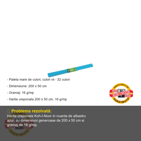 Hartie creponata Koh-I-Noor, albastru azur, 200 x 50 cm, pentru decoratiuni si activitati craft [1]