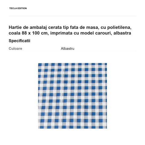 Hartie de ambalaj cerata tip fata de masa, cu polietilena, coala 88 x 100 cm, imprimata cu model carouri, albastra [2]