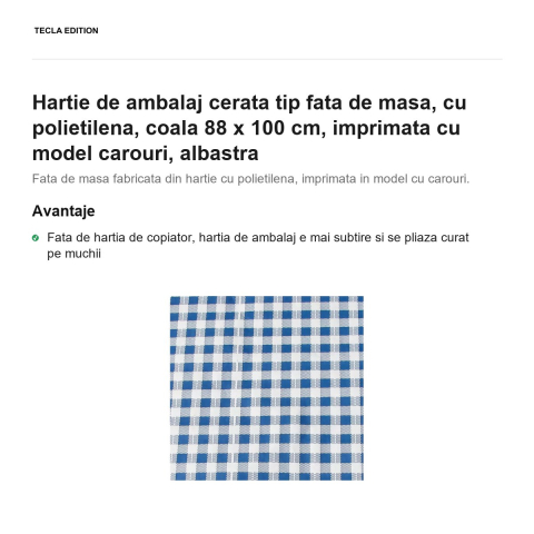 Hartie de ambalaj cerata tip fata de masa, cu polietilena, coala 88 x 100 cm, imprimata cu model carouri, albastra [1]