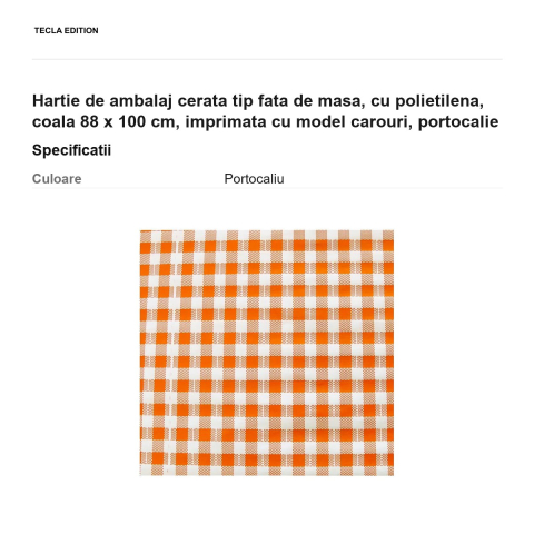 Hartie de ambalaj cerata tip fata de masa, cu polietilena, coala 88 x 100 cm, imprimata cu model carouri, portocalie [2]