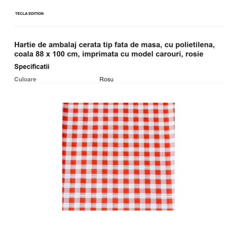 Hartie de ambalaj cerata tip fata de masa, cu polietilena, coala 88 x 100 cm, imprimata cu model carouri, rosie [2]