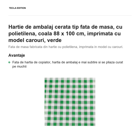 Hartie de ambalaj cerata tip fata de masa, cu polietilena, coala 88 x 100 cm, imprimata cu model carouri, verde [1]