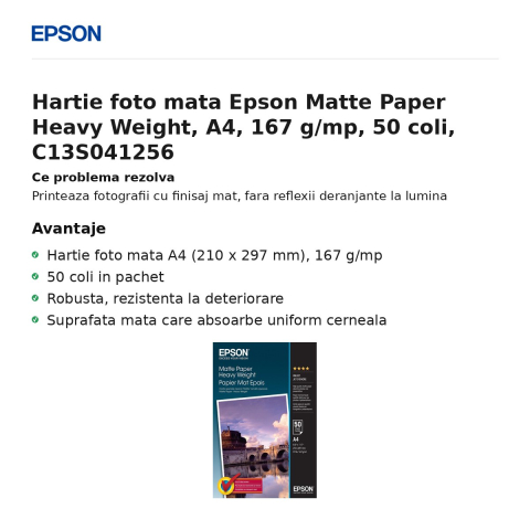 Hartie foto mata Epson Matte Paper Heavy Weight, A4, 167 g/mp, 50 coli, C13S041256 [1]