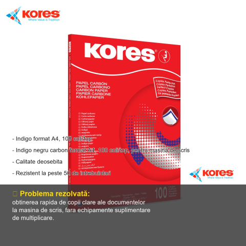 Hartie indigo carbon Kores, format A4, 100 coli/top, negru, pentru masina de scris [1]