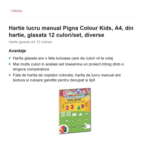Hartie lucru manual Pigna Colour Kids, A4, glasata 12 culori/set [1]
