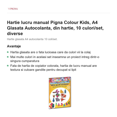 Hartie lucru manual Pigna Colour Kids, A4, glasata autocolanta 10 culori/set [1]