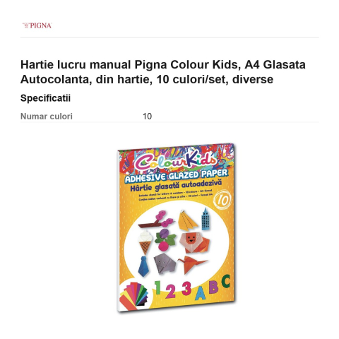 Hartie lucru manual Pigna Colour Kids, A4, glasata autocolanta 10 culori/set [2]