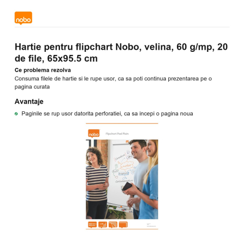 Hartie pentru flipchart Nobo, velina, 60 g/mp, 20 de file, 65x95.5 cm [1]