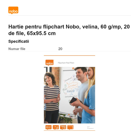 Hartie pentru flipchart Nobo, velina, 60 g/mp, 20 de file, 65x95.5 cm [2]