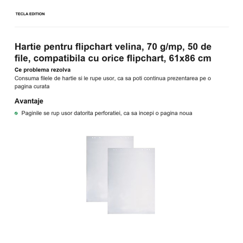 Hartie pentru flipchart velina, 70 g/mp, 50 de file, compatibila cu orice flipchart, 61x86 cm [1]