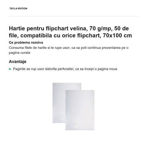 Hartie pentru flipchart velina, 70 g/mp, 50 de file, compatibila cu orice flipchart, 70x100 cm [1]