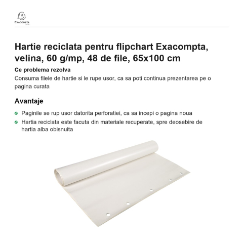 Hartie reciclata pentru flipchart Exacompta, velina, 60 g/mp, 48 de file, 65x100 cm [1]