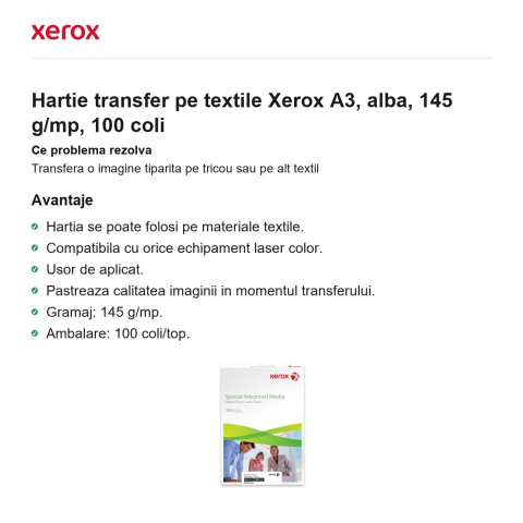 Hartie transfer pe textile Xerox A3, alba, 145 g/mp, 100 coli [1]