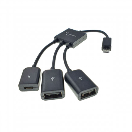 Hub-uri USB - Cablu Adaptor OTG Gembird, Micro-USB 2.0 (T) la Micro-USB 2.0 (M) + USB 2.0 (M) x 2, 13cm, Negru, UHB-OTG-02