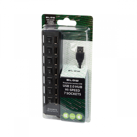 Hub USB 2.0 cu 7 porturi, Blow 09884, LED, buton on/off, lungime cablu 44cm, negru [3]