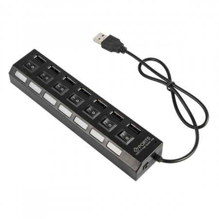 Hub-uri USB - Hub USB 2.0 cu 7 porturi, Blow 09884, LED, buton on/off, lungime cablu 44cm, negru