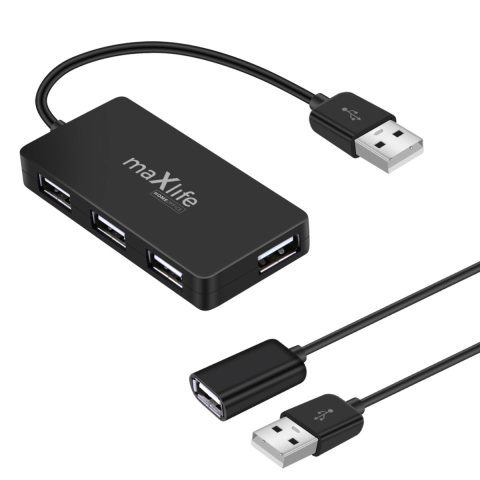 Accesorii IT - Hub USB 2.0 Maxlife cu 4 Porturi si Cablu Extensie 1.5m, pentru Home Office, Laptop si Desktop, Solutie Extindere Porturi