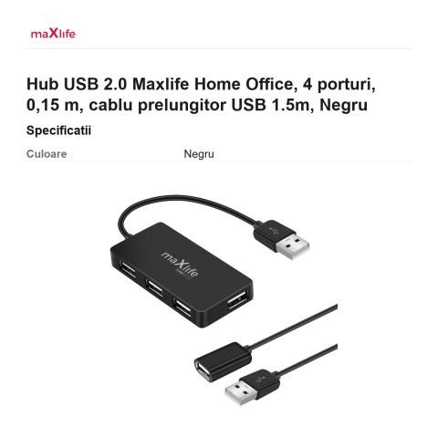 Hub USB 2.0 Maxlife Home Office, 4 porturi, 0,15 m, cablu prelungitor USB 1.5m, Negru [2]
