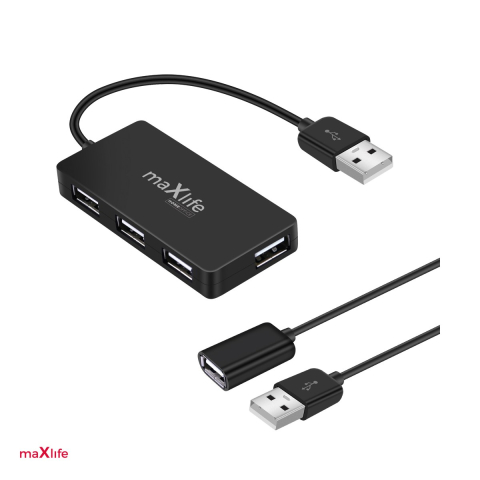 Hub-uri USB 3.0 - Hub USB 2.0 Maxlife Home Office, 4 porturi, 0,15 m, cablu prelungitor USB 1.5m, Negru
