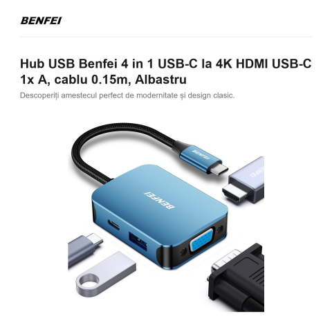 Hub USB Benfei 4 in 1 USB-C la 4K HDMI USB-C 1x A, cablu 0.15m, Albastru [1]
