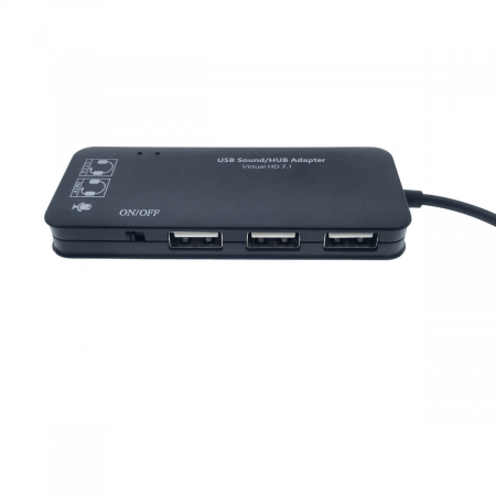 Hub USB si placa de sunet, 2in1, interfata USB 2.0, 3 porturi USB, iesire 3 x jack 3.5mm mama, indicator Led, cu cablu 45 cm, negru [3]