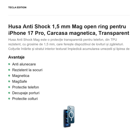 Husa Anti Shock 1,5 mm Mag open ring pentru iPhone 17 Pro, Carcasa magnetica, Transparent [1]